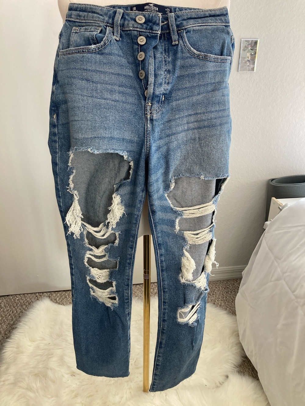 Hollister Women's Blue Distressed Boyfriend Jeans with Button Fly